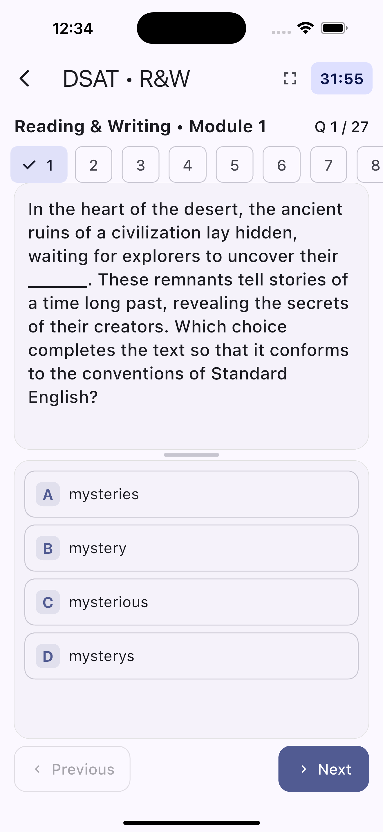 RW Exam practice screen